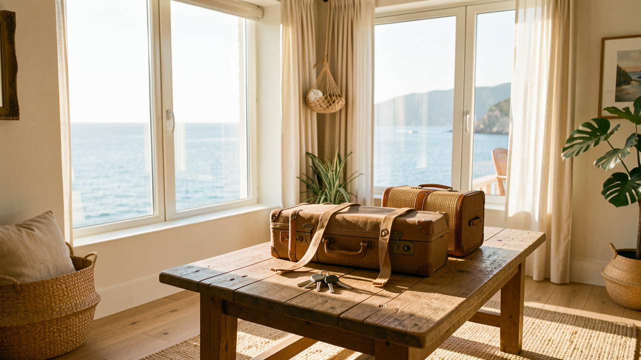 Intérieur lumineux et élégant d’une maison de vacances près de la mer, avec des valises et des clés posées sur une table en bois.