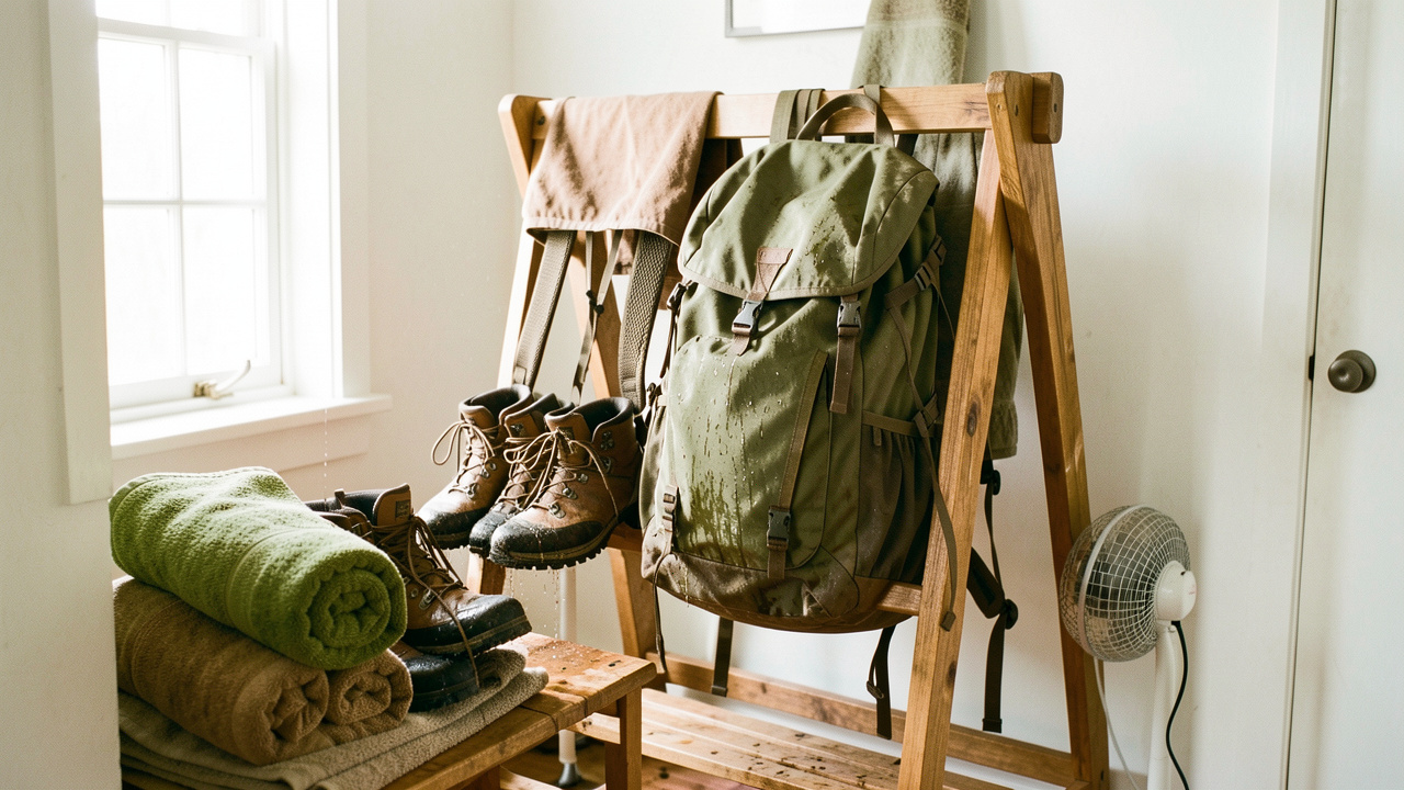 Chaussures de randonnée mouillées et sac à dos ouverts sur un support en bois dans une pièce aérée et lumineuse, avec une petite ventilation pour les sécher.