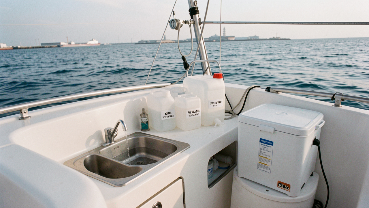 Cuisine d’un voilier montrant des contenants réutilisables, un robinet presque fermé, une bassine de récupération et un appareil de dessalement, avec la mer et un port lointain à l’horizon.