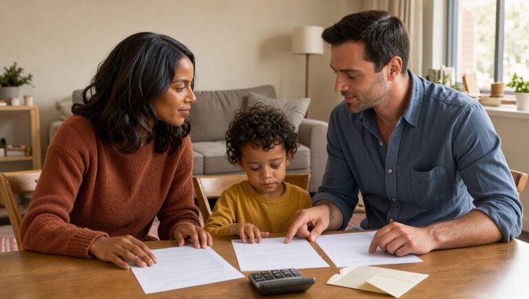 Une famille réunie dans un salon lumineux et chaleureux, avec des documents vierges et une calculatrice posés sur la table.