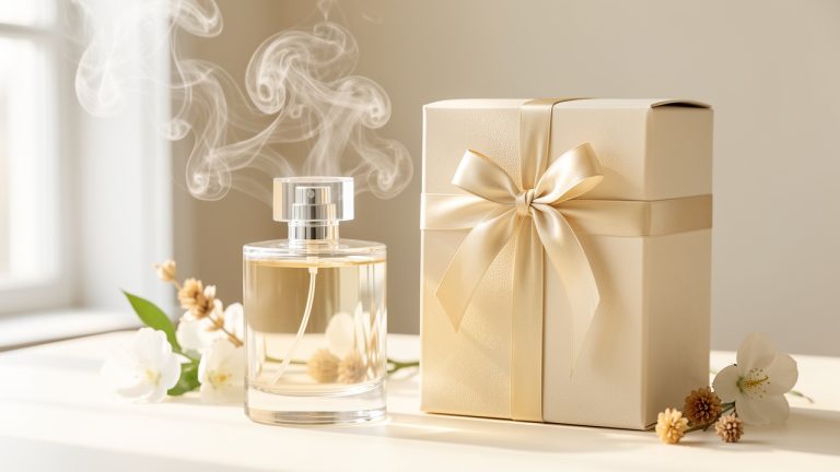 Flacon de parfum en verre sans inscription posé près d’un coffret cadeau raffiné, entouré de fleurs blanches et de végétaux délicats dans une lumière douce.