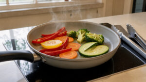 Poêle moderne à revêtement céramique cuisinant des légumes colorés sur une plaque à induction dans une cuisine lumineuse.