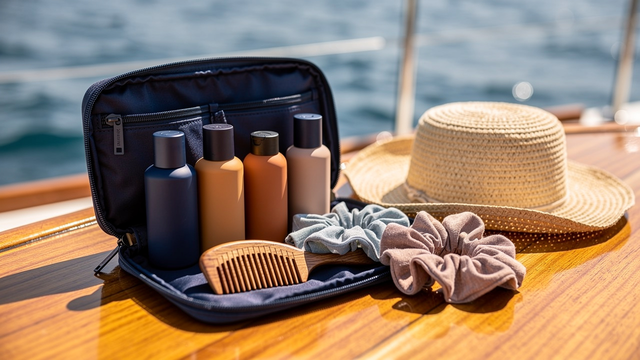 Trousse de beauté ouverte sur une table en teck de voilier, avec mini-flacons capillaires, peigne en bois, chouchous en tissu et chapeau de soleil, dans une lumière marine élégante.